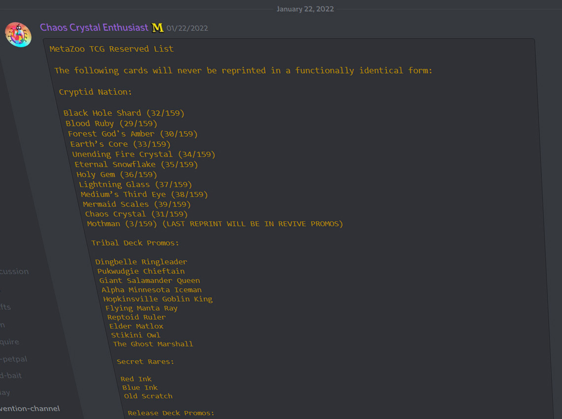 The MetaZoo Trading Card Game Reserved List is Revealed - January 2022 - Discord Chaos Crystal Enthusiast